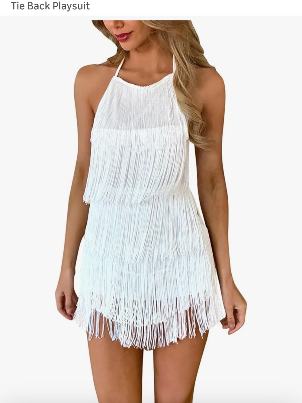 White Fringe Halter Tie-Back Playsuit